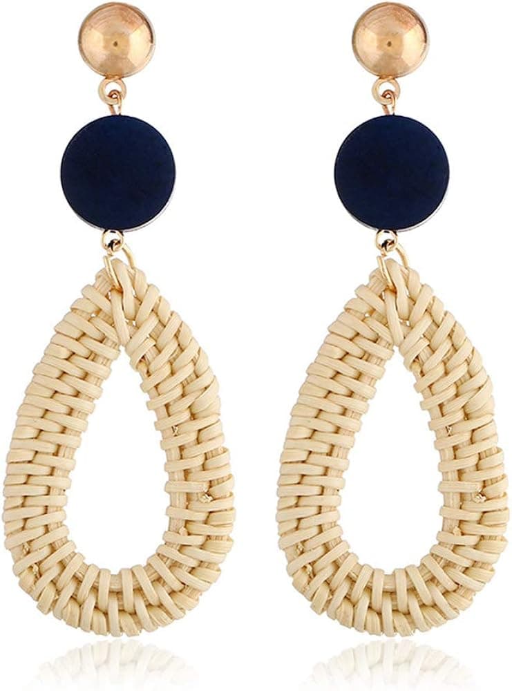 Jacky Charming Women Rattan Earrings Handmade Straw Wicker Braid Bohemia Drop Dangle Earrings Lightweight Earrings