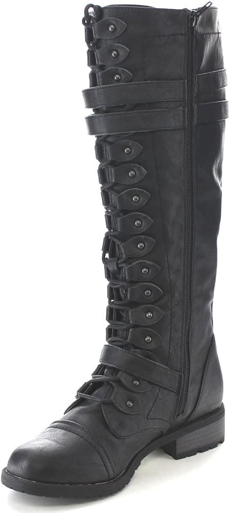 Wild Diva Women's Fashion Timberly-65 Military Knee High Combat Boots Shoes Black Pu 8