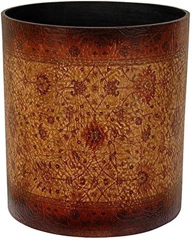Brown Floral Waste Basket Vintage Flowers Garbage Can Unique Textured Design Paper Basket Leather Wood Trash Bin For Bedroom Bathroom Kitchen Home Decor Office Wastebasket Fashion Retro Style, Resin