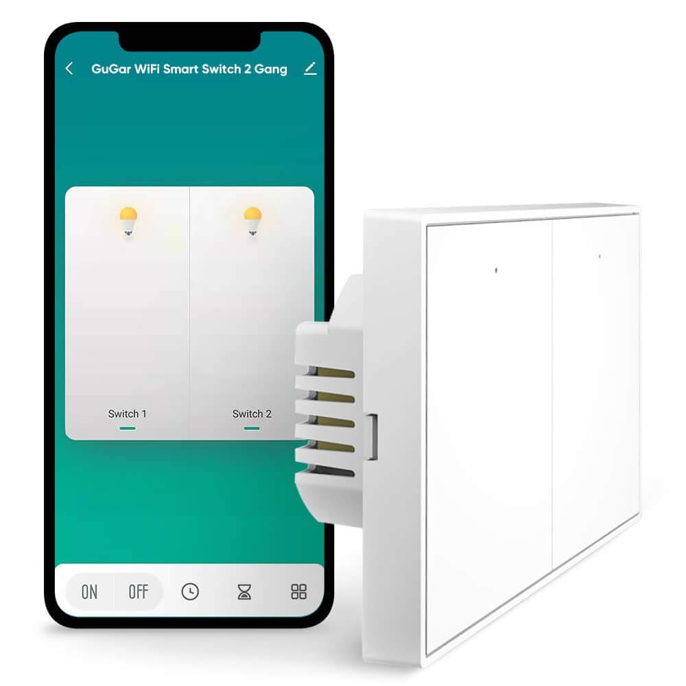 GuGar Smart Light Switch, 2.4Ghz Wi-Fi Single Pole Light Switch, Neutral Wire Needed/No Hub Required, Compatible with Alexa Google Home Smart Life App Control Smart Home 16A White 1Pack, FCC(2Gang)