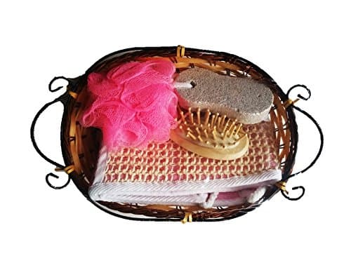 5-piece Bath Set in Wicker Basket - Gift Basket for Teenage Girls, Includes: 1 Sisal Back Scrubber, 1 Mesh Scrubber, 1 Small Wooden Hairbrush, 1 Pumice Stone & 1 Wooden Roller Massage Tool (white)