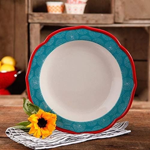 The Pioneer Woman Happiness 10.5" Red Rim Decorated Scallop Shape Dinner Plates ( Set of 4 )