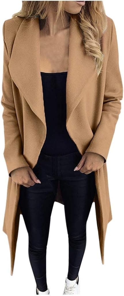 sunmoot Winter Womens Lapel Wool Blend Coat Cardigan Long Sleeve Casual Wrap Trench Overcoat Outwear