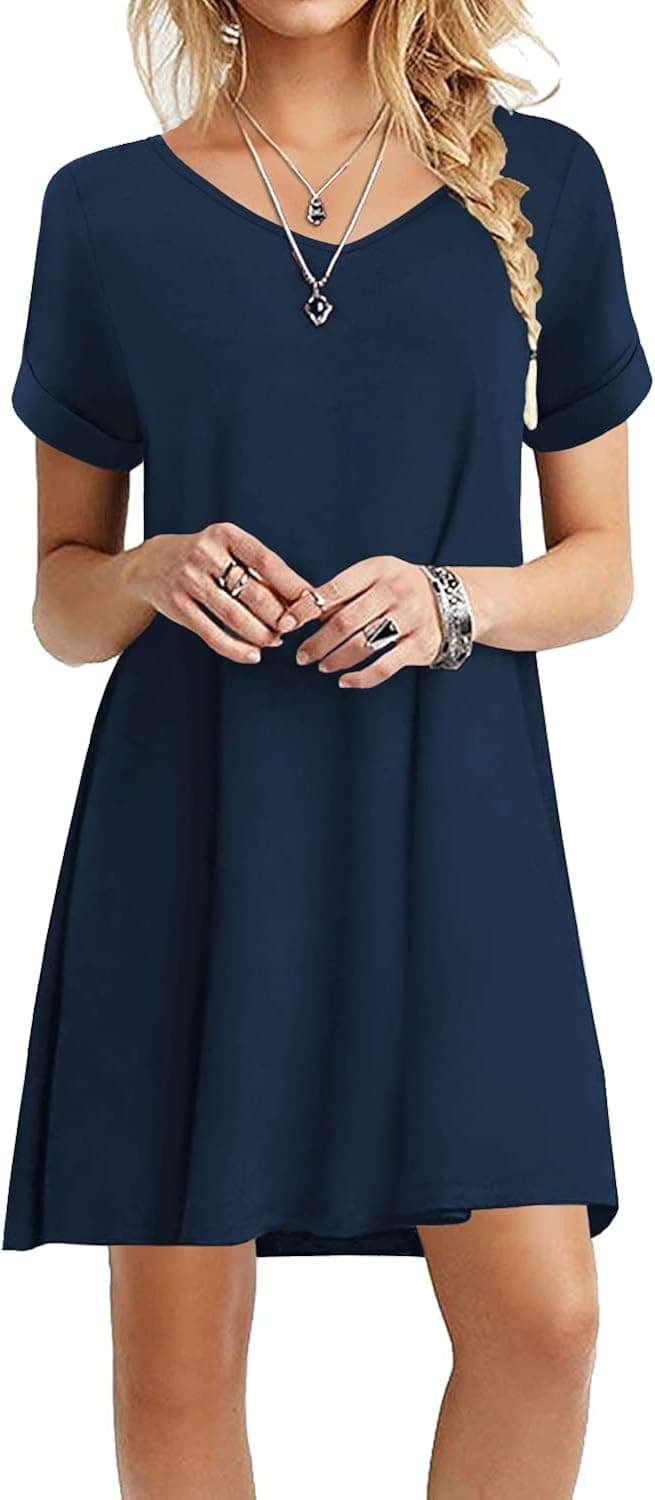 WEACZZY Women's Summer Casual Tshirt Dresses V Neck Short Sleeve Loose Dress with Pockets