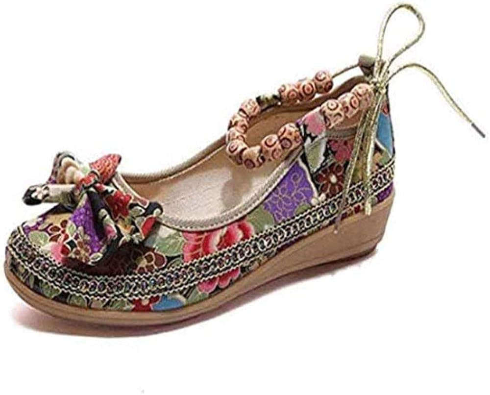 BININBOX Flat Shoes,Retro Women Ethnic Beading Round Toe Colorful Loafers Casual Embroidered Shoes