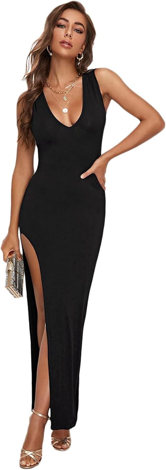 SheIn Women's Side Slit Deep V Neck Bodycon Maxi Dress Split Sleeveless Evening Party Long Dresses