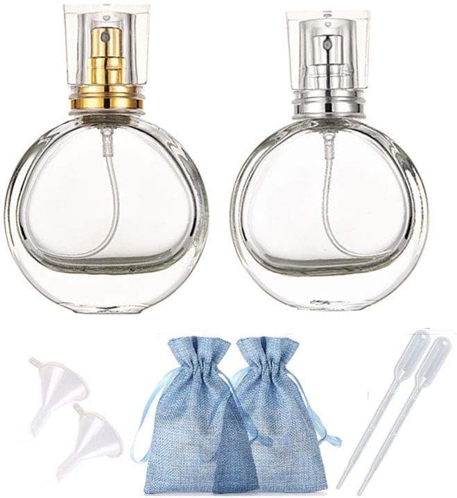 JJKMALL- 25ml Spray Perfume bottles With Pipette Atomizer Containers Empty Glass Refillable Bottle (1gold+1silver)2pack 2pc Free Funnel Filler 2PC Free 3ml Dropper 2pc Free Storage Gift Bag