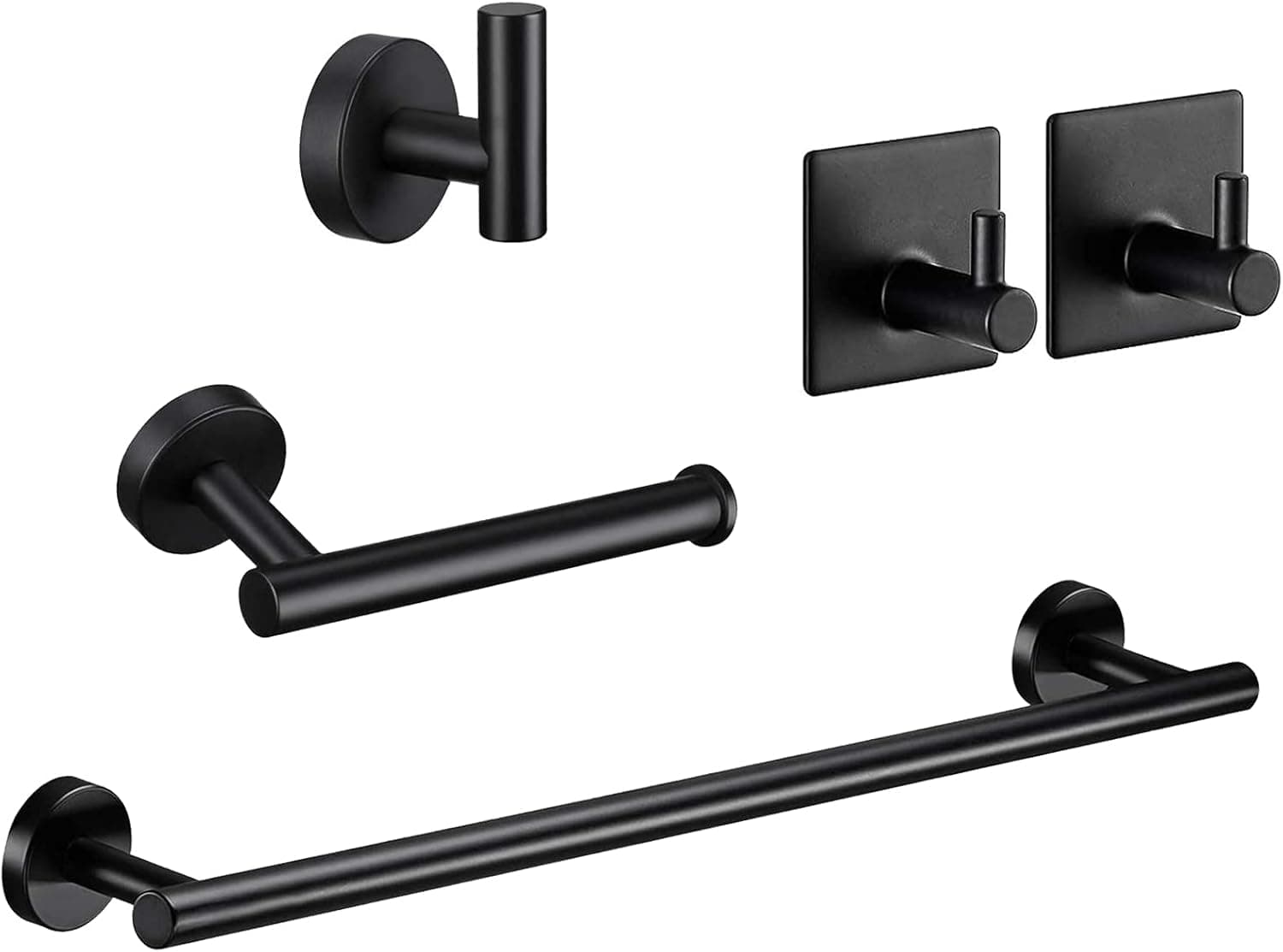 Pynsseu 5 Pieces Bathroom Hardware Set, Matte Black Wall Mount Accessories Kit Included 16IN Hand Towel Bar, Toilet Paper Holder, Bath Robe Hook, and 2 Bathroom Hooks Adhesive