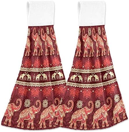 2 Pack Red Mandala Elephants Hand Towel with Loop Tribe Indian Soft Quality Hanging Tie Towels for Kitchen Bathroom Absorbent Washcloth