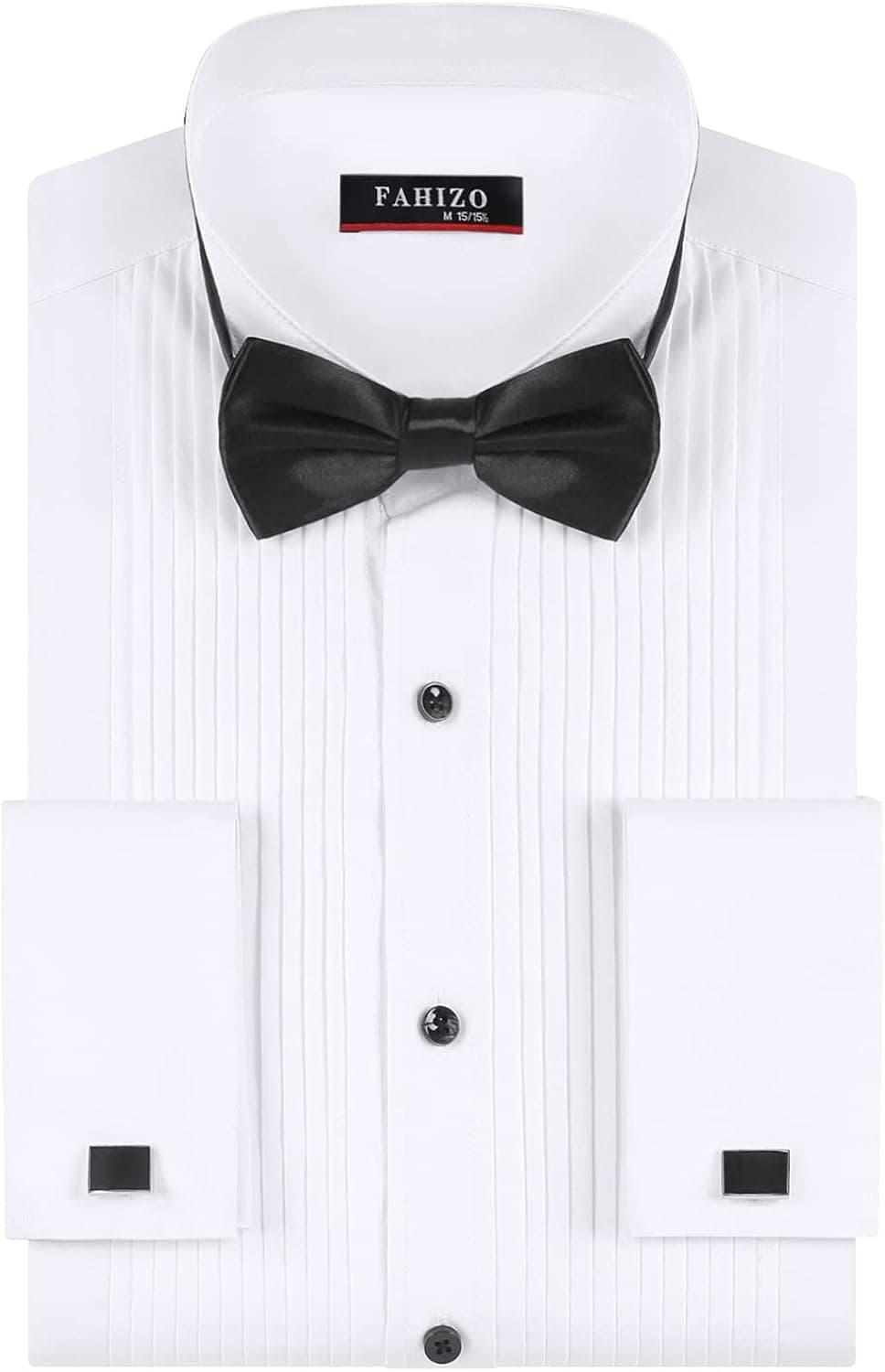 FAHIZO Men's White Tuxedo Shirt French Cuffs with Cufflinks and Bow Tie
