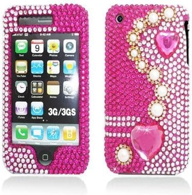 iPhone 3GS / 3G Pink Hearts and Pearls with Gold on Hot Pink and Silver Diamond Protector Case Cover with Rhinestones - Includes TWO Bonus Personal Charm Straps!