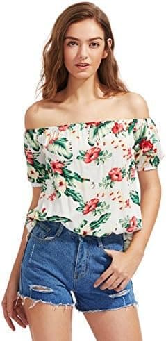Floerns Women's Floral Print Off The Shoulder Short Sleeve Blouse Tops