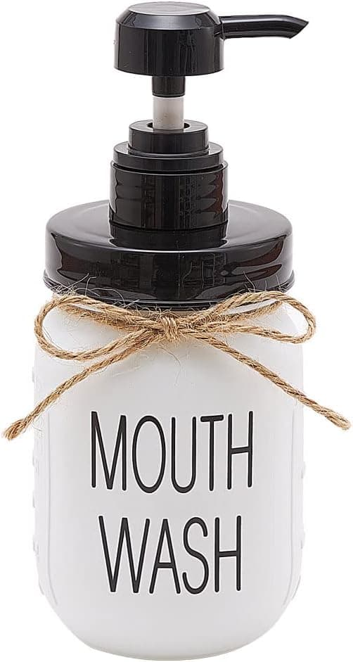Onsogi Farmhouse Mouthwash Dispenser for Bathroom, 16 Oz White Glass Mason Jar Mouthwash Dispenser with Rust-Proof Pump & lid for Vintage Boho Modern Bathroom Decor - 1 Pack