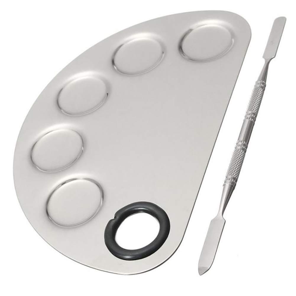 Makeup Palette with Spatula Tool, Semicircle 5-well Cosmetics Polishing for Professional Nail Art Eye Shadow Eyelash Organizer Pigment Blending Highlight Stainless Steel