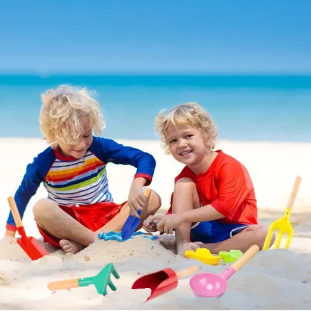 6 Piece 8'' Beach Toys for Kids, Kids Gardening Tools Sand Toys Set Metal Garden Tools with Sturdy Wooden Handle, Cylinder, Spoon, Fork, Rake, Flat Shovel & Pointed Shovel