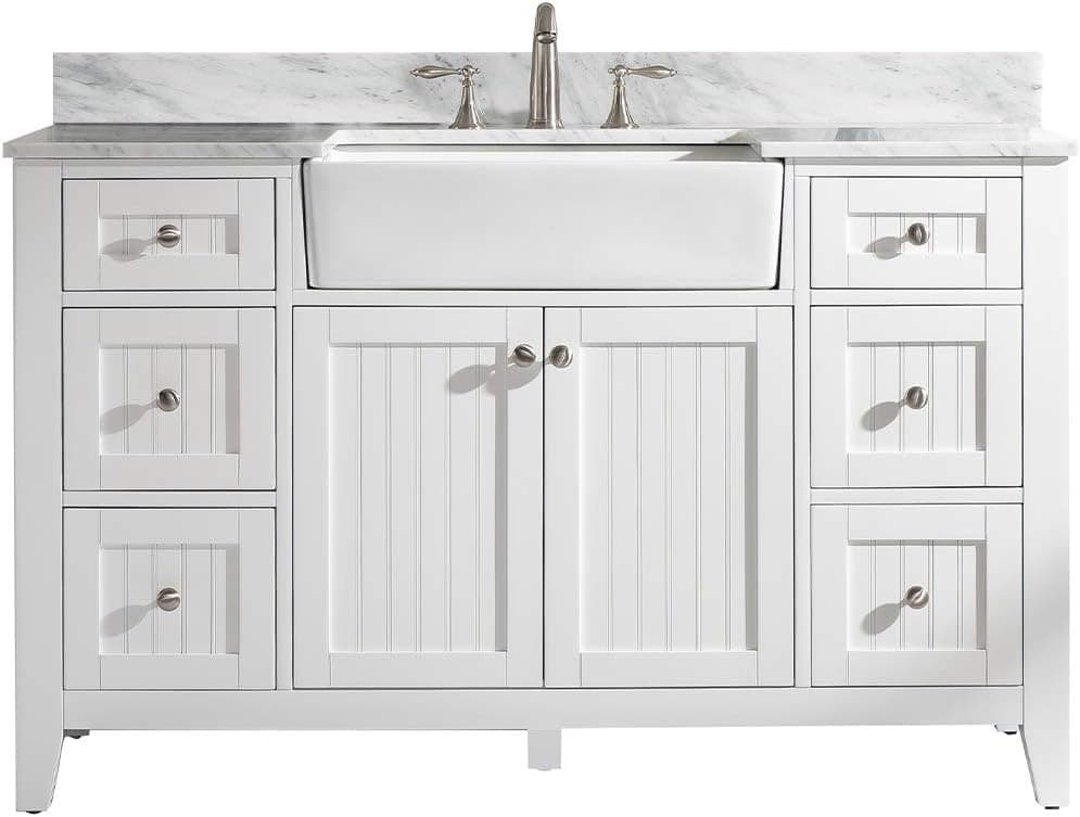 Design Element BK-54-WT Burbank 54" Single Bathroom Vanity Set in White with Carrara Marble Top and Farmhouse Sink