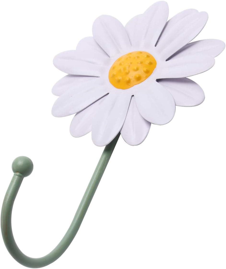 Cabilock Metal Daisy Wall Hooks Wall Mounted Art Flower Iron Hook Vintage Decorative Key Hat Cloth Towel Hooks Wall Hanger Decoration White