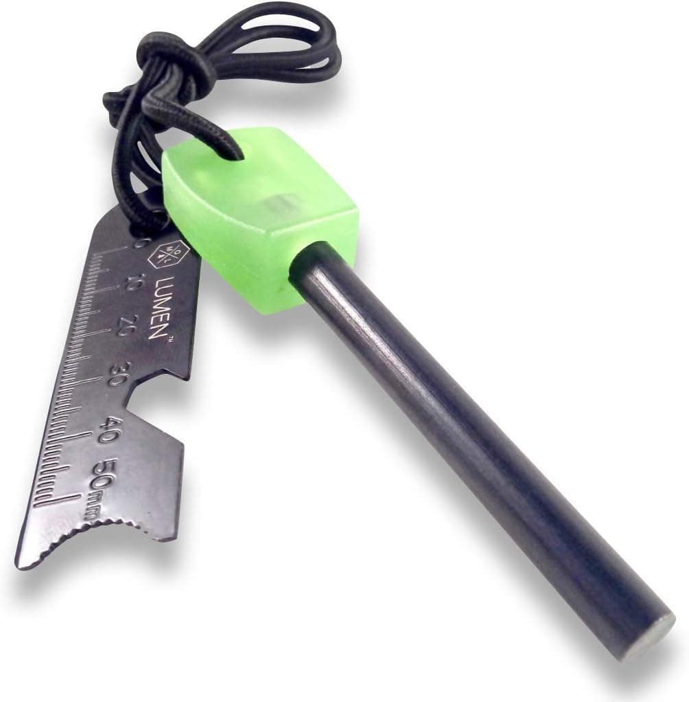 überleben Lumen Fire Starter | Glow-in-The-Dark Luminous Handle | 5/16” Thick Fire Steel | Bushcraft Ferro Rod with Multi-Tool Striker | 12,000 Strikes | Survival Ferro Rod | Shock-Cord Lanyard