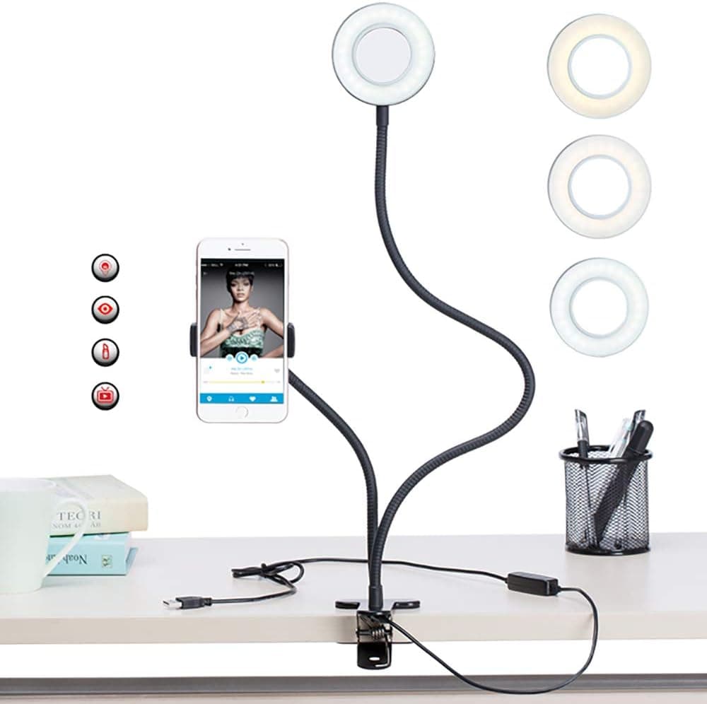 Selfie Ring Light with Cell Phone Holder Standard for Live Stream and Make up, Kishgo Flexible Long Arm for iPhone and Android Phone,[3-Light Mode] [10-Level Brightness] LED Desk Lamp (Black)