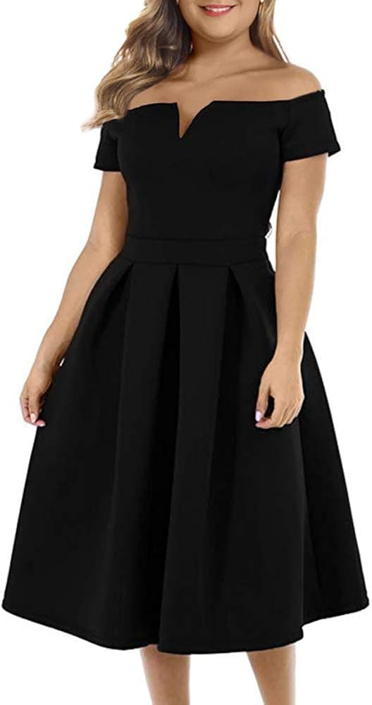 LALAGEN Women's Vintage 1950s Party Cocktail Wedding Swing Midi Dress Black S