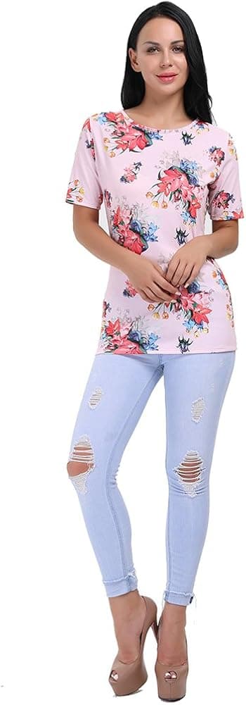 HUHHRRY Women's Floral Shirt Printed Striped Summer Casual Fsahion Short Sleeve Blouse Tops