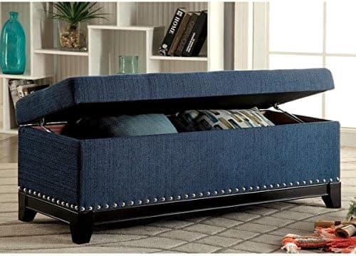Storage Bench Ottoman Furniture of America Rachelson Romantic Features Upholstered Tufted Linen Fabric Lift-top, Nailhead Trim Exterior and Wood Base Legs, Dark Teal, Great for Living Room and Bedroom