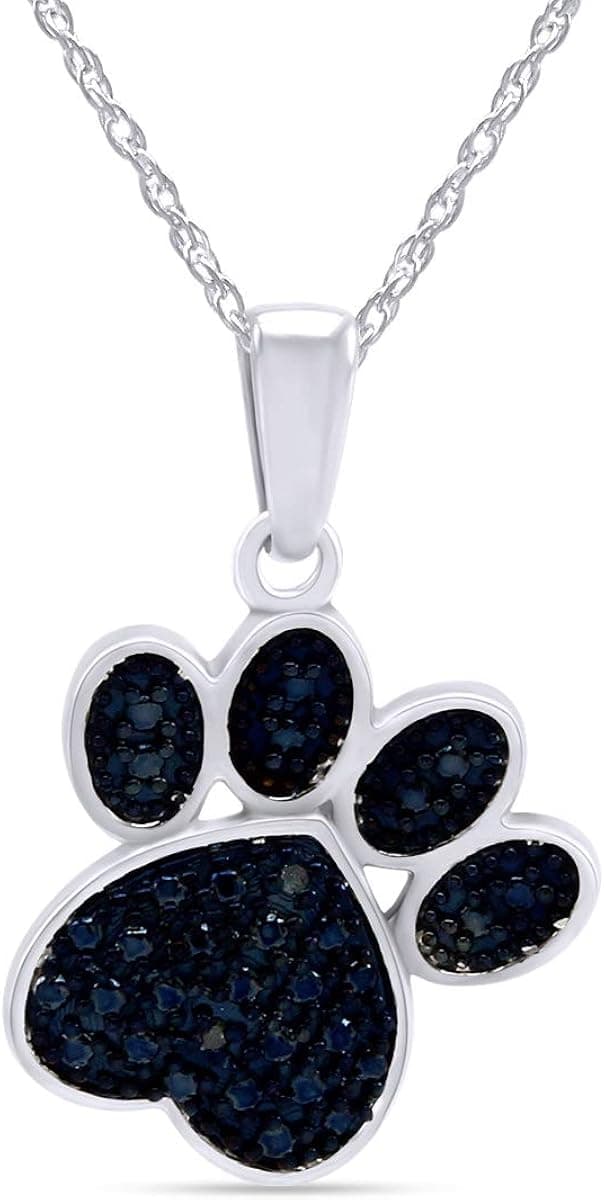 Jewel Zone US Blue Natural Diamond Accent Paw Print Pendant Necklace 14k Gold Over Sterling Silver