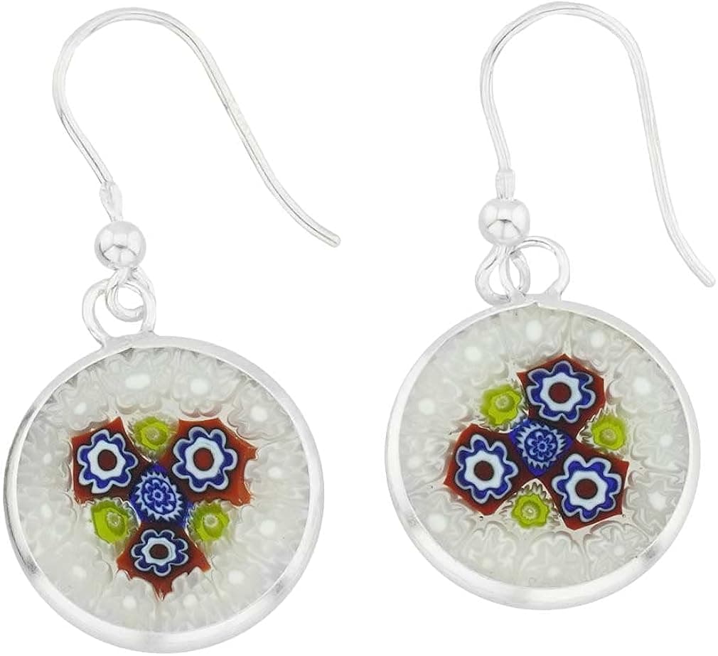 GlassOfVenice Murano Glass Millefiori Round Dangle Earrings - Silver