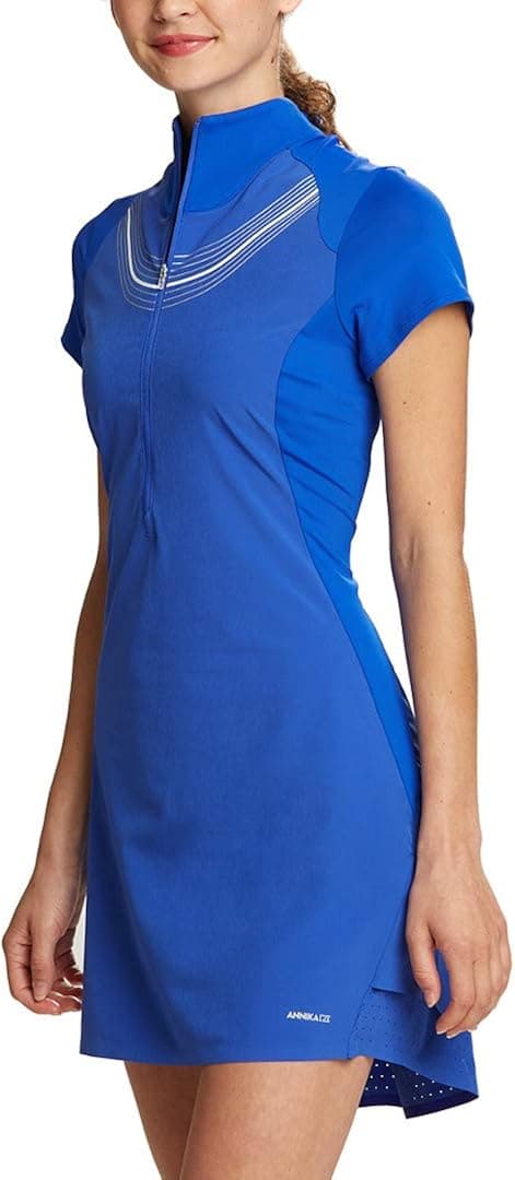 ANNIKA by Cutter & Buck Women's Moisture Wicking 50+ UPF Cap Sleeve Blue Dress with Pockets