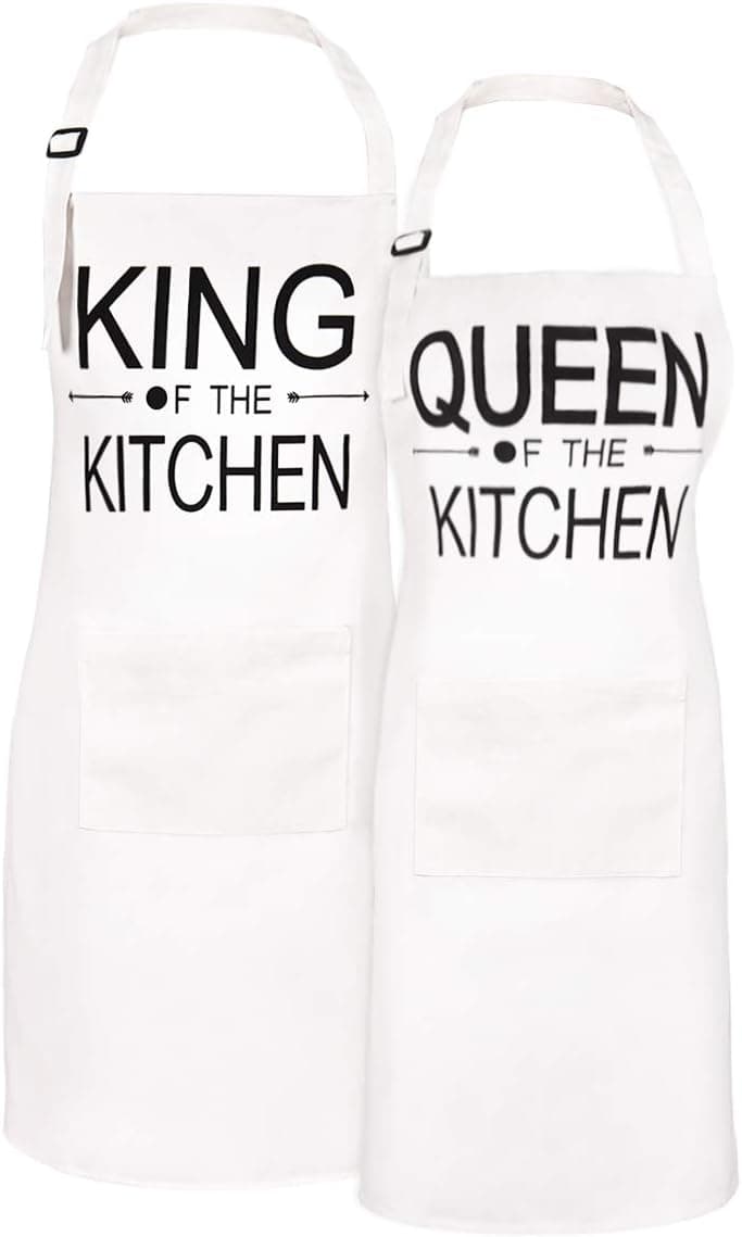 Sevenstars 2 Pack 100% Cotton Couple Cooking Aprons with Pockets, Queen and King of The Kitchen Aprons Adjustable Baking Aprons for Wedding Men Women
