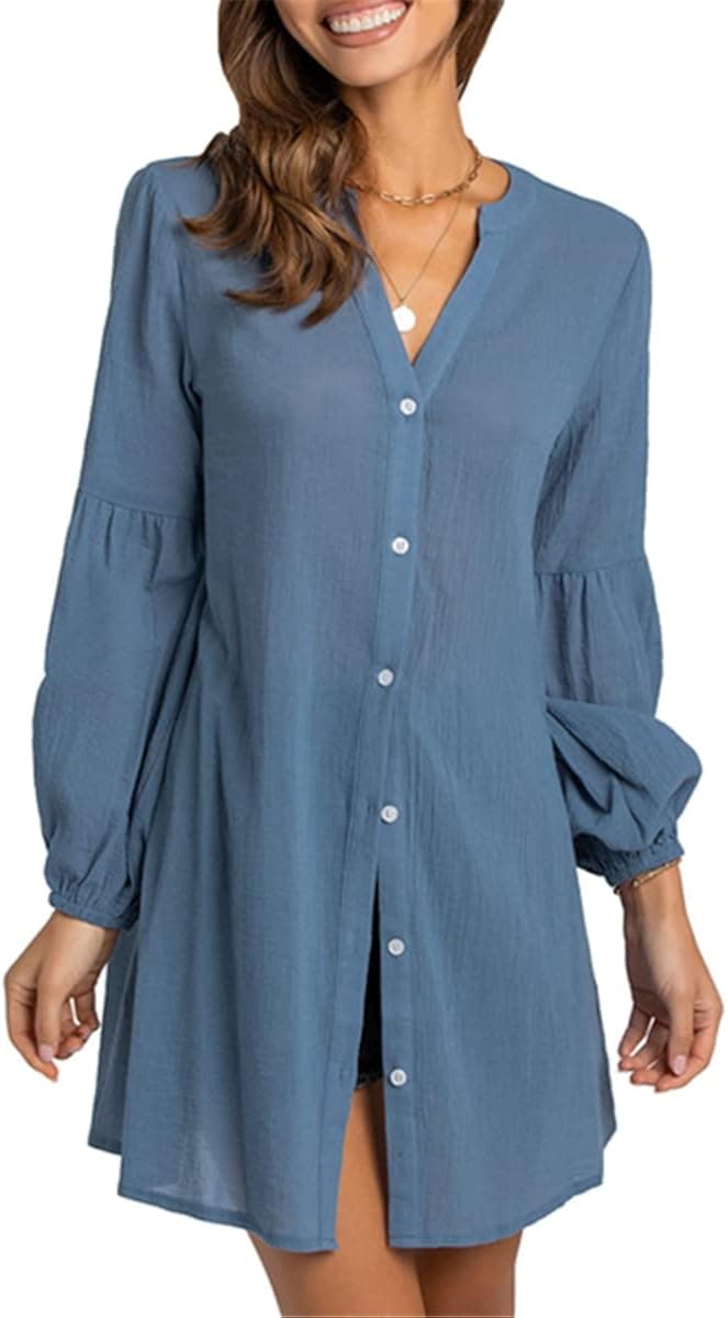 Women's Button Down Long Tunic Tops V-Neck Long Lantern Sleeve Loose Casual Shirt