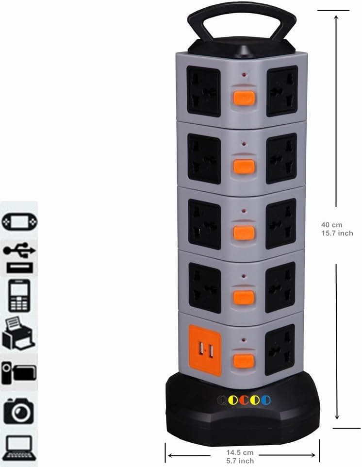 QOCOO 19 Outlet with 2 USB Smart Universal Socket Vertical Power Strip Surge Protector Adapter Charging Station for Home Office Phone Tablet PC, Retractable Heavy Duty Cord & B Plug Black