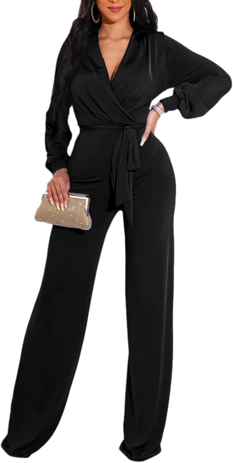 Choichic Women's Elegant Bodycon Wide Leg Jumpsuit Long Sleeve High Waist One Piece Jumpsuit Overall Long Palazzo Pants Suit