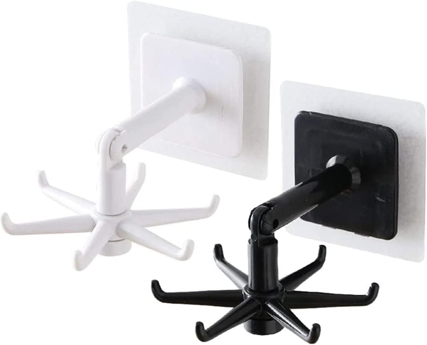 2PCS 360°Rotating Folding Hook,Self-Adhesive Hooks with 180°Vertical Flip Waterproof Utility Hook for Home Kitchen Bathroom Office Towel Sticky Wall Hook, Damage-Free No Drilling (1 Black + 1 White)