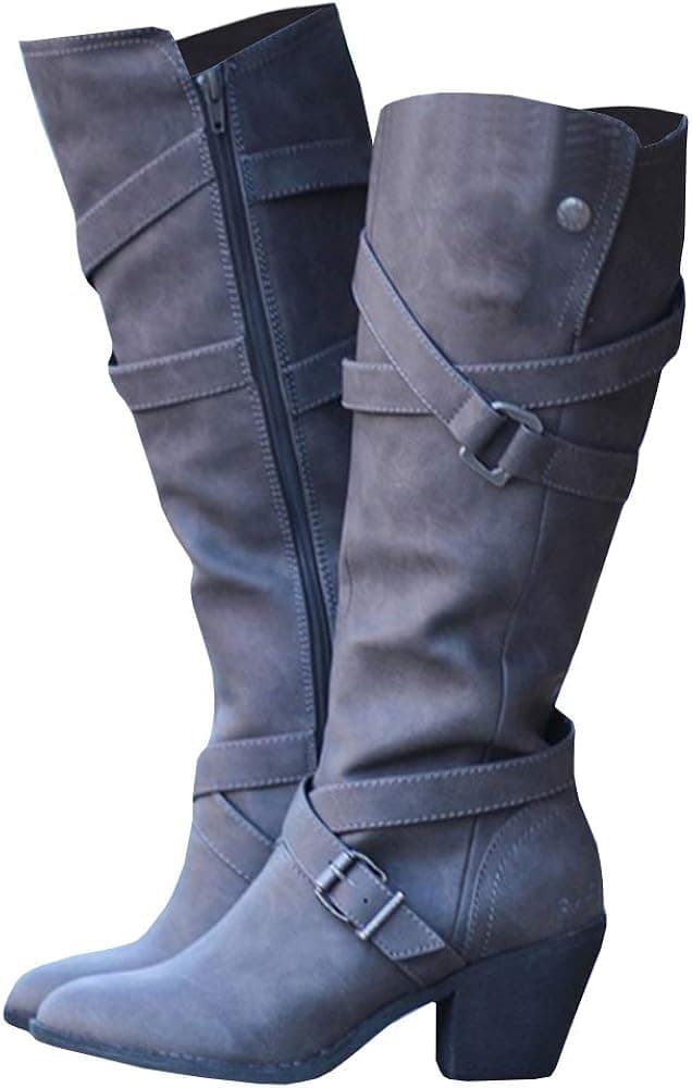 Liyuandian Women's Buckle Knee High Boots Casual Motorcycle Riding High Heel Booties with Lace Up