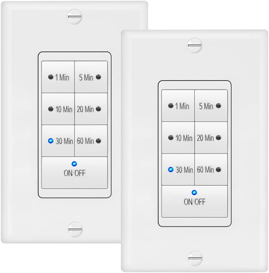 Maxxima 1875 Watt 7 Button Countdown Timer Switch, Maximum 60 Minutes Delay, 1/2 HP Perfect for Bathroom Exhaust Fans, Wall Plate Included (2 Pack)