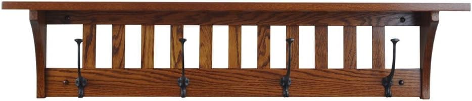 Mission Style Coat Rack Wall Mount with Shelf – 42” Coat, Towel, or Hat Rack – Coat Hanger Wall Mount w/4 Iron Coat Hooks – Solid Wood Coat Racks – Rustic Wall Decor (Oak Wood, Michaels Stain)
