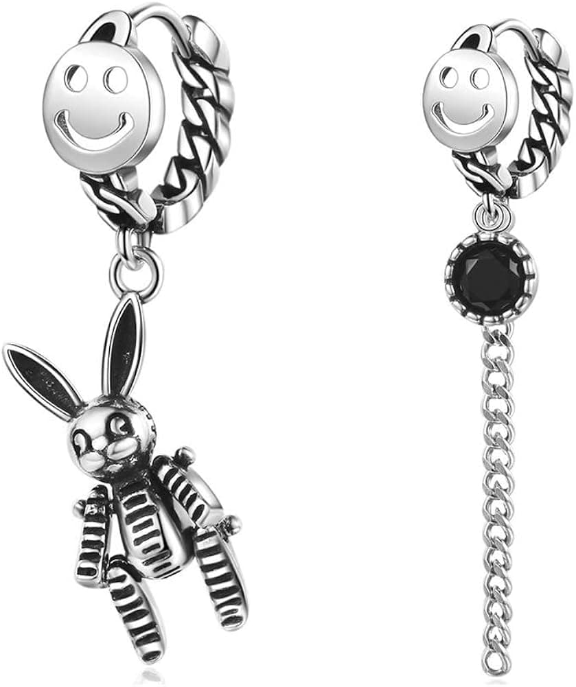 HZJCC asymmetric Rabbit drop earrings for women long chain Silver plated punk earrings Jewelry (Rabbit)