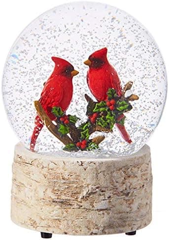 Vita Domi 6.5" Stunning Twin Cardinals on Boughs of Holly Branches Water Globe with Glitter Swirling All Around