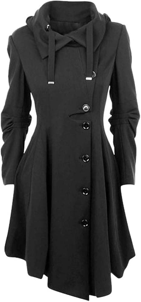 ETCYY Women's Black Button Asymmetrical Winter Long Trench Jackets Coat