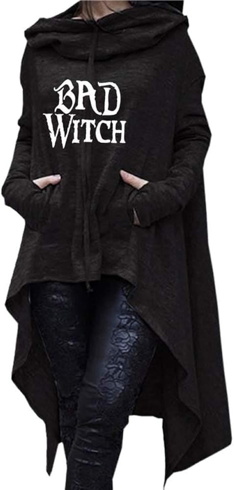 Rfecccy Women's Bad Witch Casual Long Sleeve Pullover Irregular Long Hoodies