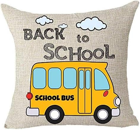 FELENIW Student Gift Back to School Yellow School Bus Throw Pillow Cover Cushion Case Cotton Linen Material Decorative 18x18 inches