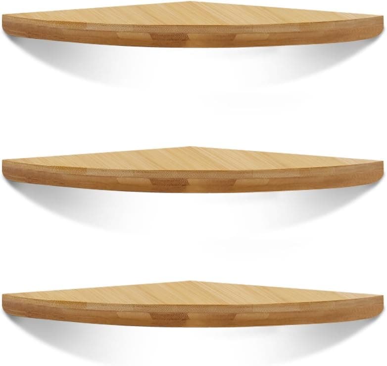 XiaZ Corner Shelves Set of 3 Wall Mount Floating Shelf, Radial Round Edging Bamboo Storage Shelf Organizer Corner for Bedroom, Living Room, Kitchen, Office and More