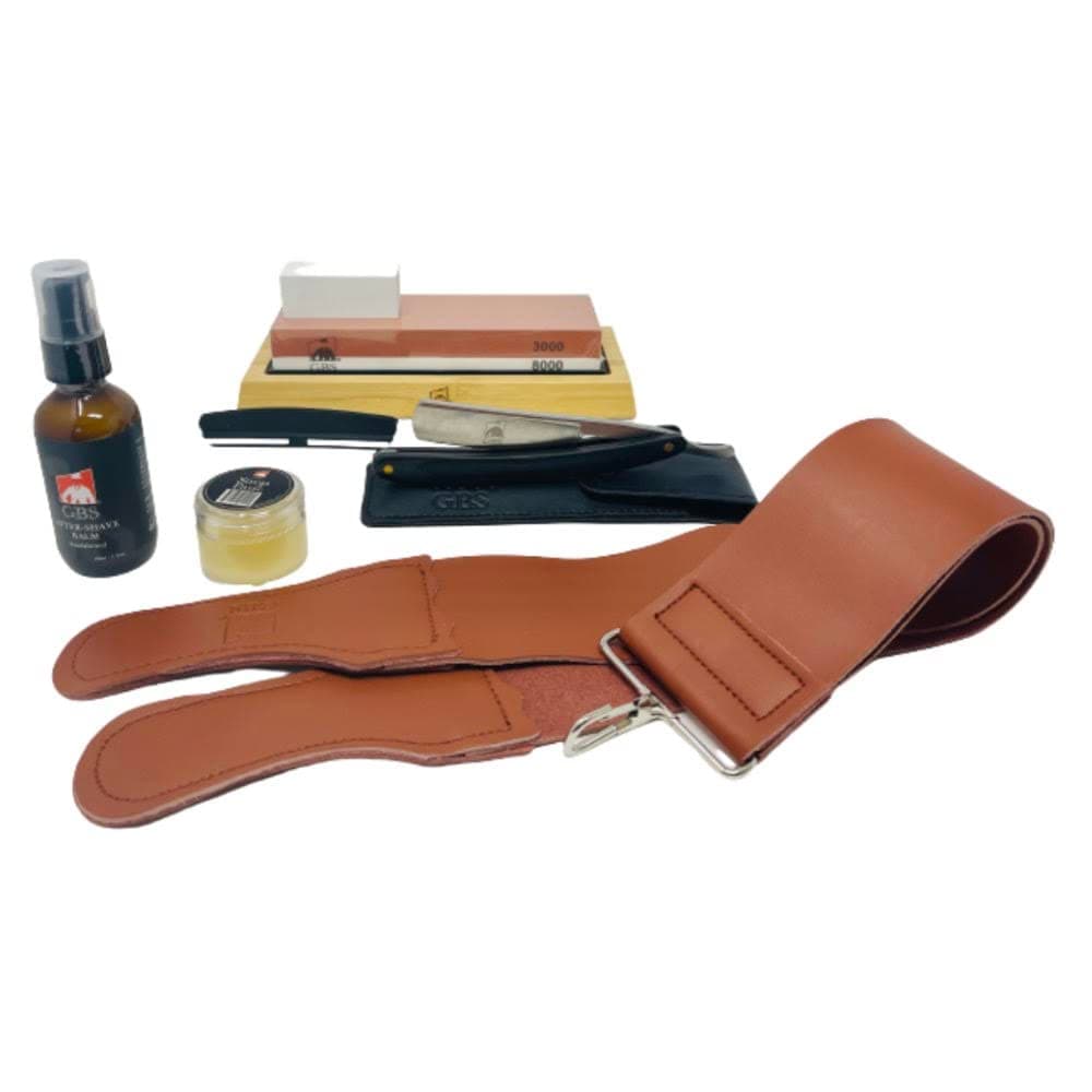 G.B.S Professional 6 piece Shaving Kit: Stainless Steel Straight Razor with Ebony Wood Handle, Leather Case, Leather Razor Strop with Strop Paste, Sandalwood After shave Balm & Whetstone with 3000/8000 Grit