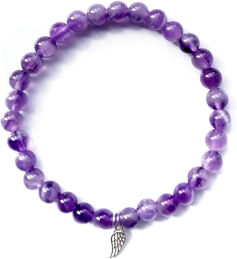 Positive Lady Natural Amethyst Bracelet 16.5 17.78cm with 925 Sterling Silver Angel Wing Cross Four Leaf Clover Heart Rubber Charm 6mm bead Healing Crystal for Women Girl Handmade Adjustable, Stone