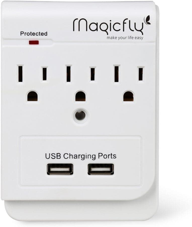 Magicfly Power 3 AC Outlet Socket Wall Mount Surge Protector with Dual USB Charging Port Wall Charger 2.1A (Screw Included)