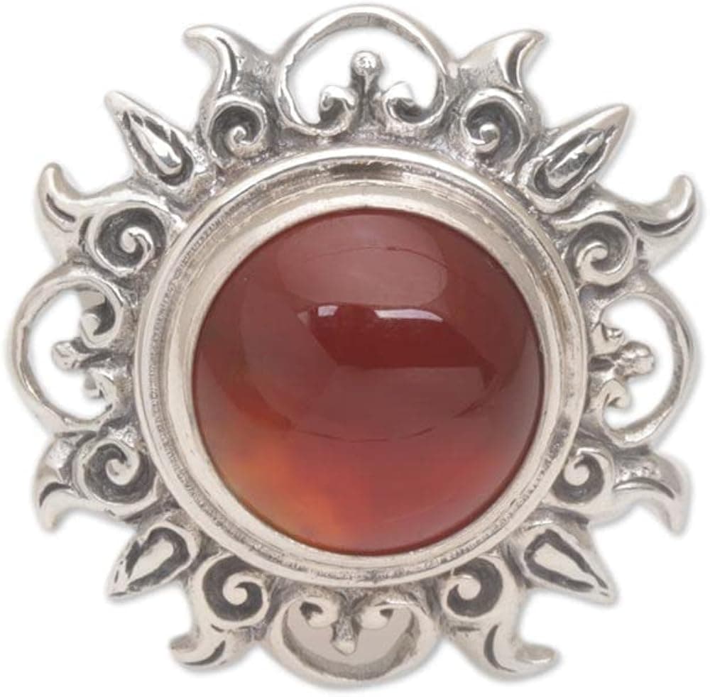 NOVICA Handmade Carnelian and Sterling Silver Sun Cocktail Ring - Trendy Women's Ring in .925 Sterling Silver - Sun-Themed Design - Fashion Jewelry for Women, Light Of The Universe'
