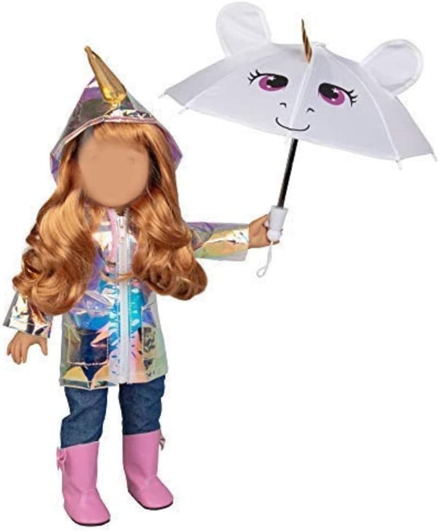 Dress Along Dolly Rainbow Unicorn Doll Rain Outfit for 18" Dolls (6 Piece Set Costume) - Premium Handmade Clothes Include Raincoat, Umbrella, Shirt, Pants, & Boots - Gifts for Girls