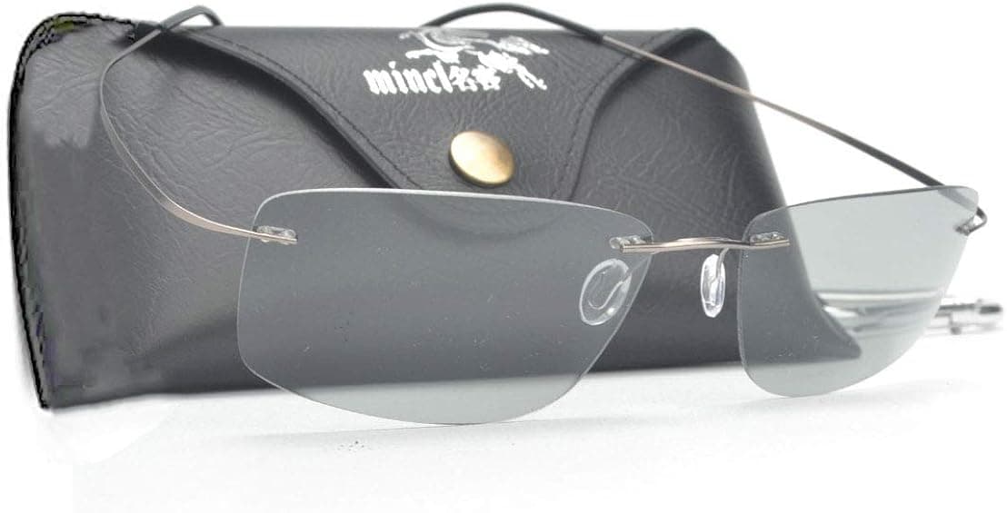 MINCL/Men Rimless Titanium Frame Polarized Sunglasses With Case (gold-clear grey, gold-clear grey)