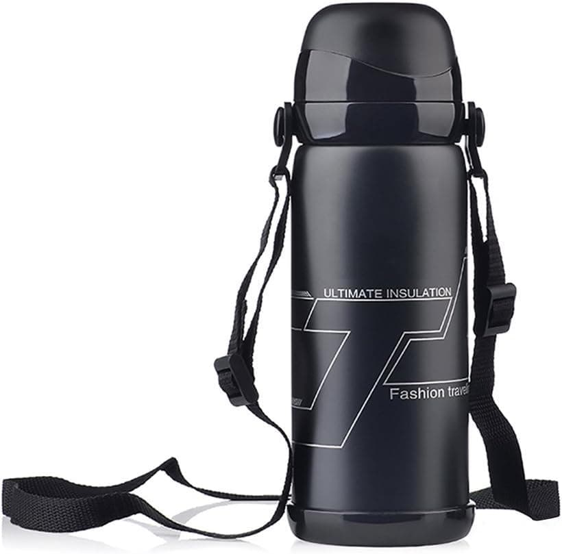 Paciffico 30oz Insulated Stainless Steel Water Bottle Travel Coffee Mug, Double Wall Vacuum Sport Bottle Keeps Drink Cold/Warm with Strap&Drinking lid for Outdoor,Hiking,Traveling,Gym-Black